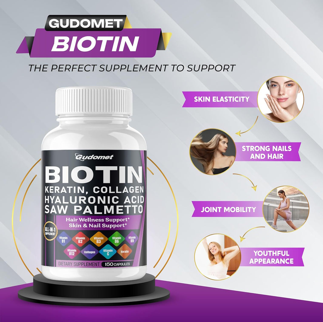 Biotin | Collagen | Keratin -  Hair Growth Support - Skin & Nails Complex, Hyaluronic Acid Saw Palmetto | B2 | B3 | B6 | B9 | 12 - Made in USA - For Women & Men | 150 Capsules