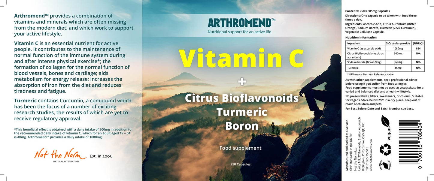 Not the Norm Natural Alternatives Arthromend | Food Supplement for Joint Support | Vitamin C, Citrus Bioflavonoids, Turmeric, Boron | 250 Capsules | 3-8 Month Supply