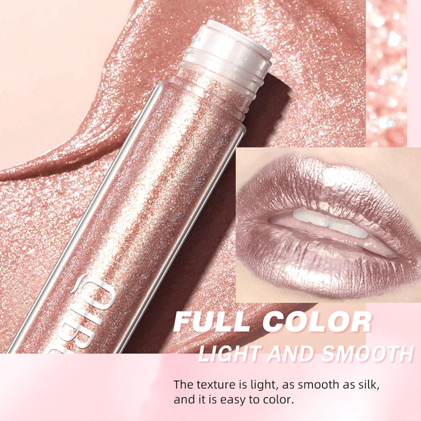 QUIWEN Glitter Lip Gloss Metallic Diamond Glitter Liquid Lipstick Pink Shimmer Lipstick Waterproof Lightweight Soft Metallic Eyeshadow Lipgloss Long-Lasting Nonstick Cup Pink Lip Gloss Shiny And Sparkle