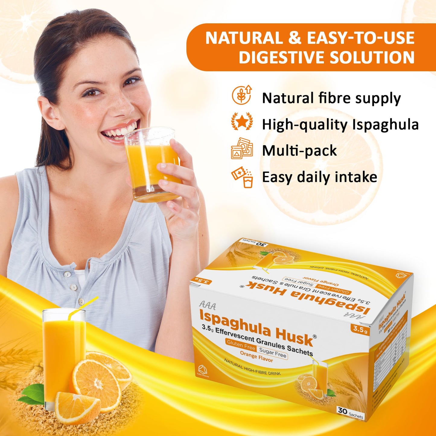 AAA Ispaghula Husk Orange Flavor – 30 Sachets |Natural High Fibre Drink | Effervescent Granules Sachets
