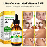 2Pack Natural Vitamin E Oil for Skin, 75,000 IU Ultra Concentrated Vitamin E Oil for Face, Hair and Scars, Moisturizing Dry Skin Oils, Promotes Elasticity