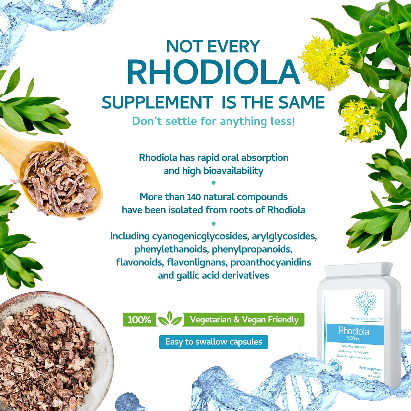swiss bioenergetics Rhodiola 500mg (3% Rosavins - 1% Salidrosides) Whole Root Equivalent – 60 Capsules - Suitable for Vegetarians and Vegans
