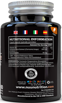 Nu U Nutrition Turmeric Curcumin Capsules (Liquid) with Vitamin D | 185 More Bioavailability NovaSOL® Curcumin | High Strength Vegetarian Premium Liquid Turmeric Curcumin not Tablets Made in The UK