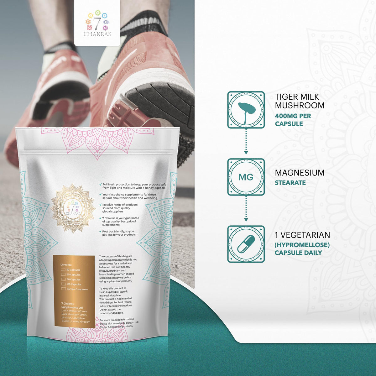 7 Chakras 7C Tiger Milk Mushroom | 120 High Strength Tigers Milk Mushroom Supplement - 400mg Tigers Milk Mushroom Extract per Serving | Mushroom Capsules | Non-GMO Gluten Allergen Free | Manufactured in The UK