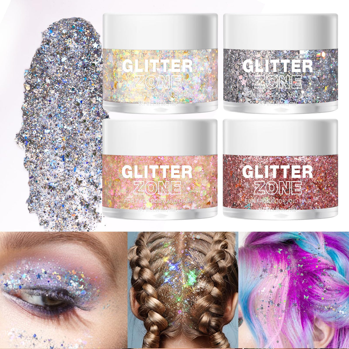 LANGMANNI Holographic Body Glitter Gel for Body, Face, Hair and Lip.Color Changing Glitter Gel Under Light. Vegan & Cruelty Free-1.35 oz (5# Silver Fantasy)