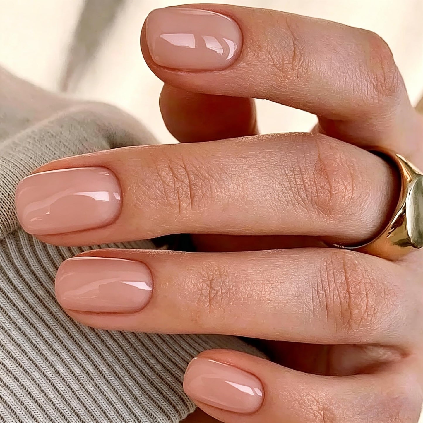 KQueenest Nude Press on Nails Short Square, Short False Nails Coffin, Glossy Solid Small Fake Nails Set, Perfectly Fit, Reusable Opaque Gel Stick on Nail for Women Daily Wear 30 Pcs