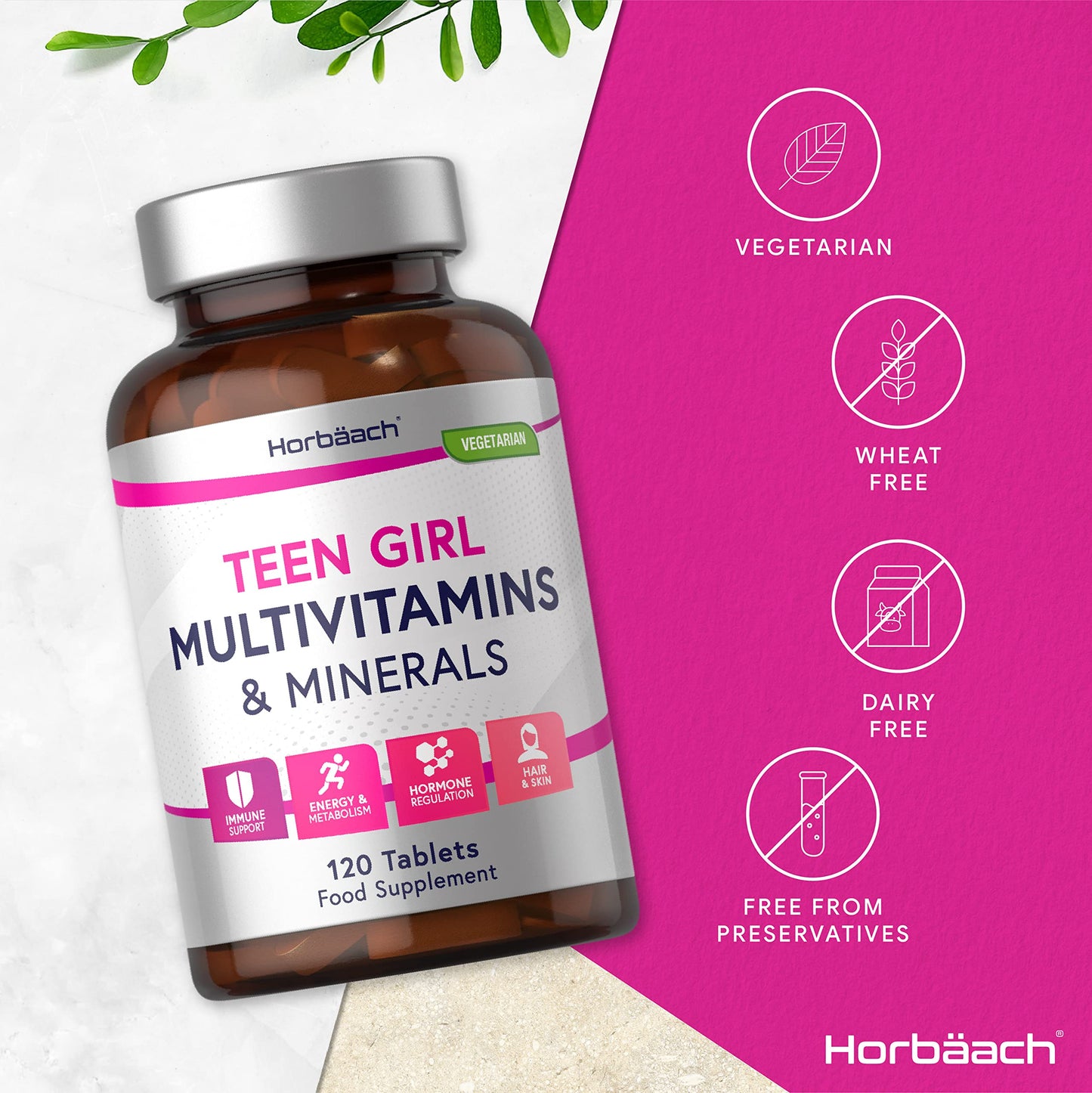 Horbäach Multivitamins and Minerals for Teen Girls | 120 Tablets | 15 Essential Nutrients for Everyday Health & Wellness | by Horbaach