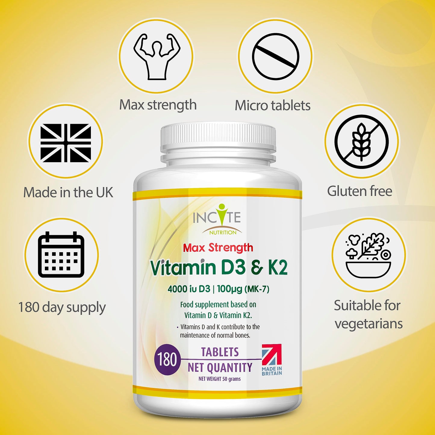 Vitamin D3 K2 (MK7) 100 UG - Vitamin D3, 4000iu & Vitamin K2-180 Premium Vegetarian Tablets - 6 Month’s Supply - High Strength Quality - Made in The UK by Incite Nutrition®