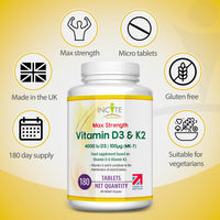Vitamin D3 K2 (MK7) 100 UG - Vitamin D3, 4000iu & Vitamin K2-180 Premium Vegetarian Tablets - 6 Month’s Supply - High Strength Quality - Made in The UK by Incite Nutrition®
