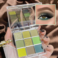 LYNTYAOU 9 Colour Eyeshadow Palette, Shimmer Matte Eye Shadow Smooth Pigmented Shimmering Cool Make-Up Palettes, Green Yellow Waterproof Longlasting Party Makeup Eye Shadow Pallets for Women