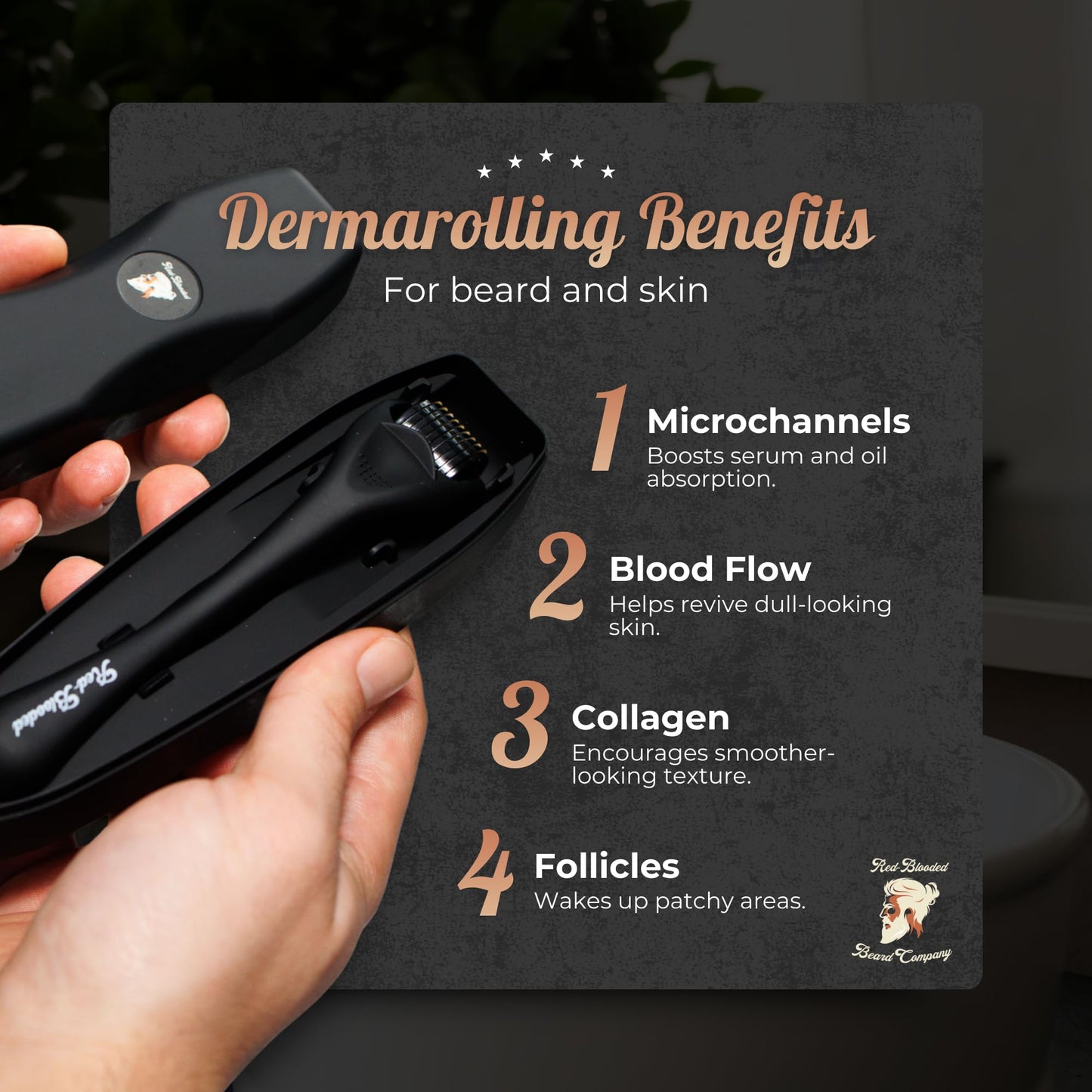 Red-Blooded Beard Roller 0.5mm – 540 Titanium Microneedle Derma Roller for Beard Growth & Hair Regrowth for Men – Microneedling Tool for Thicker, Fuller Beard & Skincare