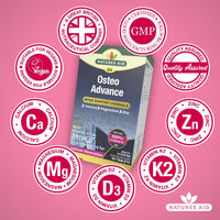 Natures Aid Osteo Advance with MenaQ7® – High Strength Bone & Joint Support Supplement – Calcium, Magnesium, Vitamin D3 & K2 – Vegan, Gluten Free, Non-GMO – 60 Tablets
