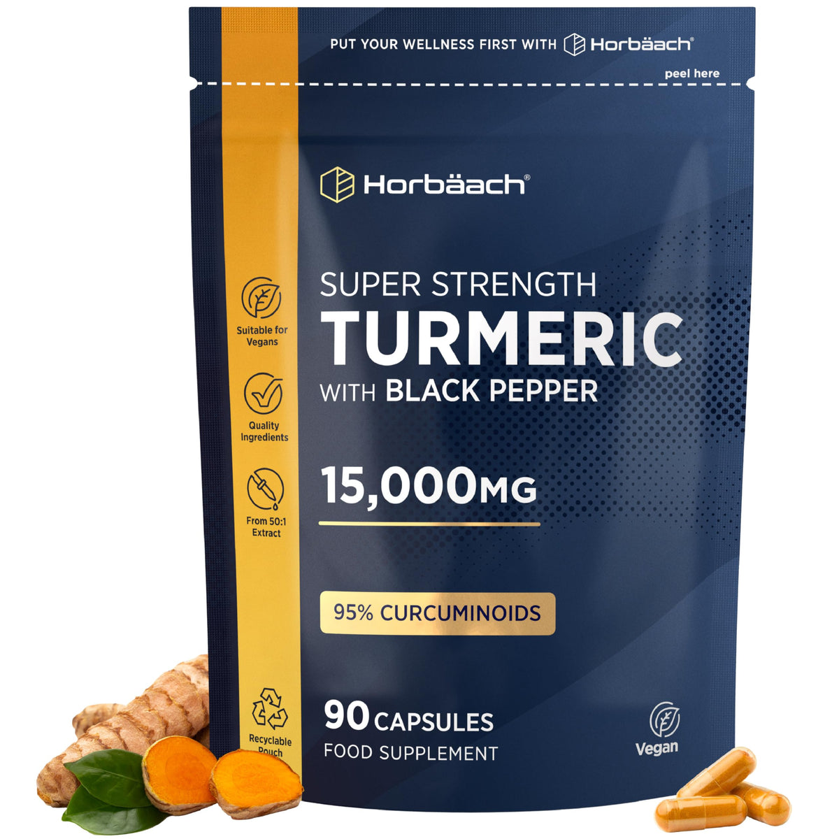 Horbäach Turmeric Tablets 15,000mg - Super Strength Curcumin Supplement with Black Pepper Extract (95% Curcuminoids) | Turmeric Root | 90 Vegan Capsules | Horbaach