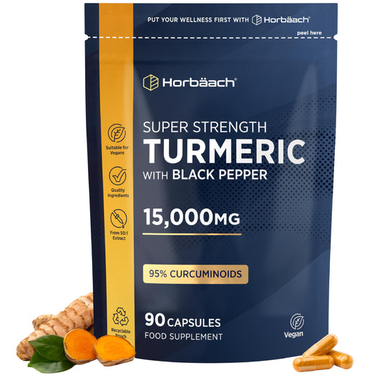 Horbäach Turmeric Tablets 15,000mg - Super Strength Curcumin Supplement with Black Pepper Extract (95% Curcuminoids) | Turmeric Root | 90 Vegan Capsules | Horbaach