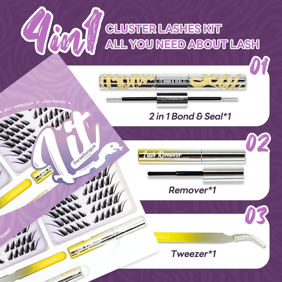 LANKIZ Cluster Lashes Kit，Lankiz Biomimetic Individual Eyelashes KIT with Lash Bond Seal and Remover Lashes Wispy C Curl Reusable Lash Extensions 100PCS DIY Waterproof(Parseltongue)