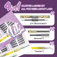 LANKIZ Cluster Lashes Kit，Lankiz Biomimetic Individual Eyelashes KIT with Lash Bond Seal and Remover Lashes Wispy C Curl Reusable Lash Extensions 100PCS DIY Waterproof(Parseltongue)