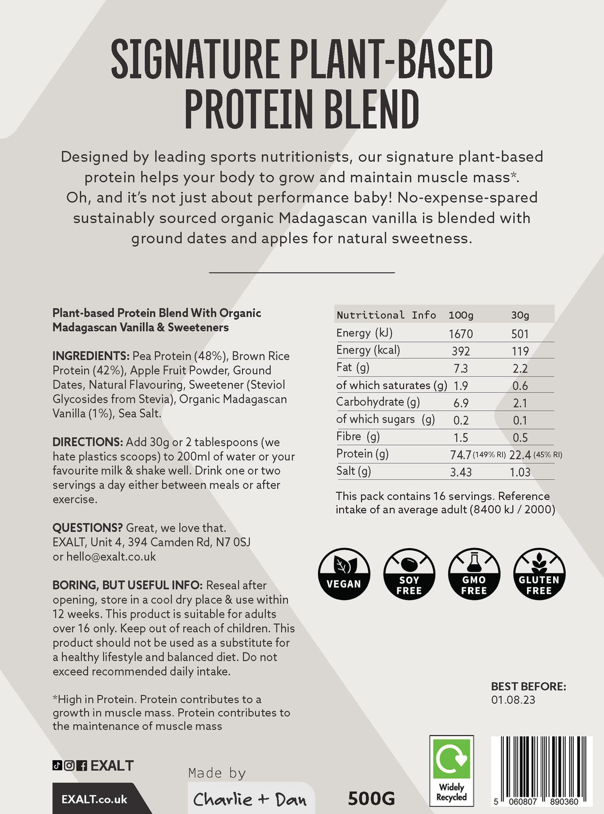 EXALT | Premium Vegan Protein Powder - 100% Plant-Based – Gluten Free - No Artificial Flavours or Additives | Madagascan Vanilla | 500G
