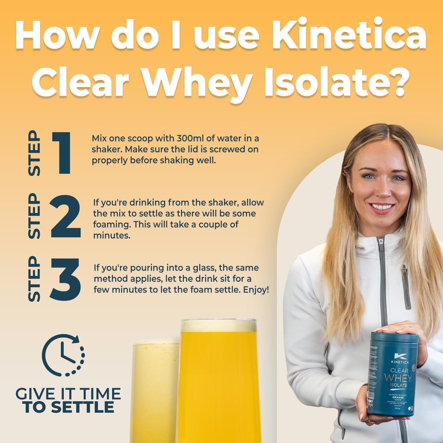 Kinetica Clear Whey Isolate | 500g | 24g Protein per serve | Naturally occuring Amino Acid Profile | 15 servings | Orange Flavour