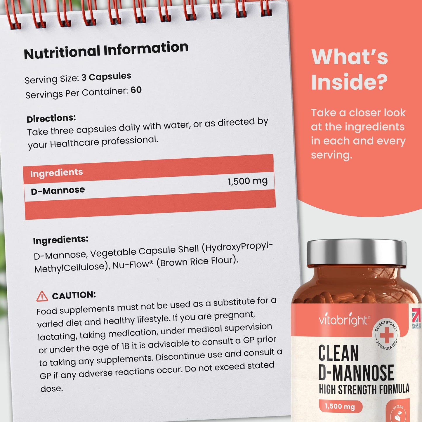 D-Mannose Capsules - High Strength 1500mg per Serving of 3 Capsules - 180 Capsules (60 Day Supply) - Contributes to Healthy Urinary Tract & Bladder - Natural Ingredients - Made in UK by VitaBright