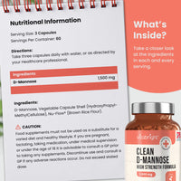 D-Mannose Capsules - High Strength 1500mg per Serving of 3 Capsules - 180 Capsules (60 Day Supply) - Contributes to Healthy Urinary Tract & Bladder - Natural Ingredients - Made in UK by VitaBright