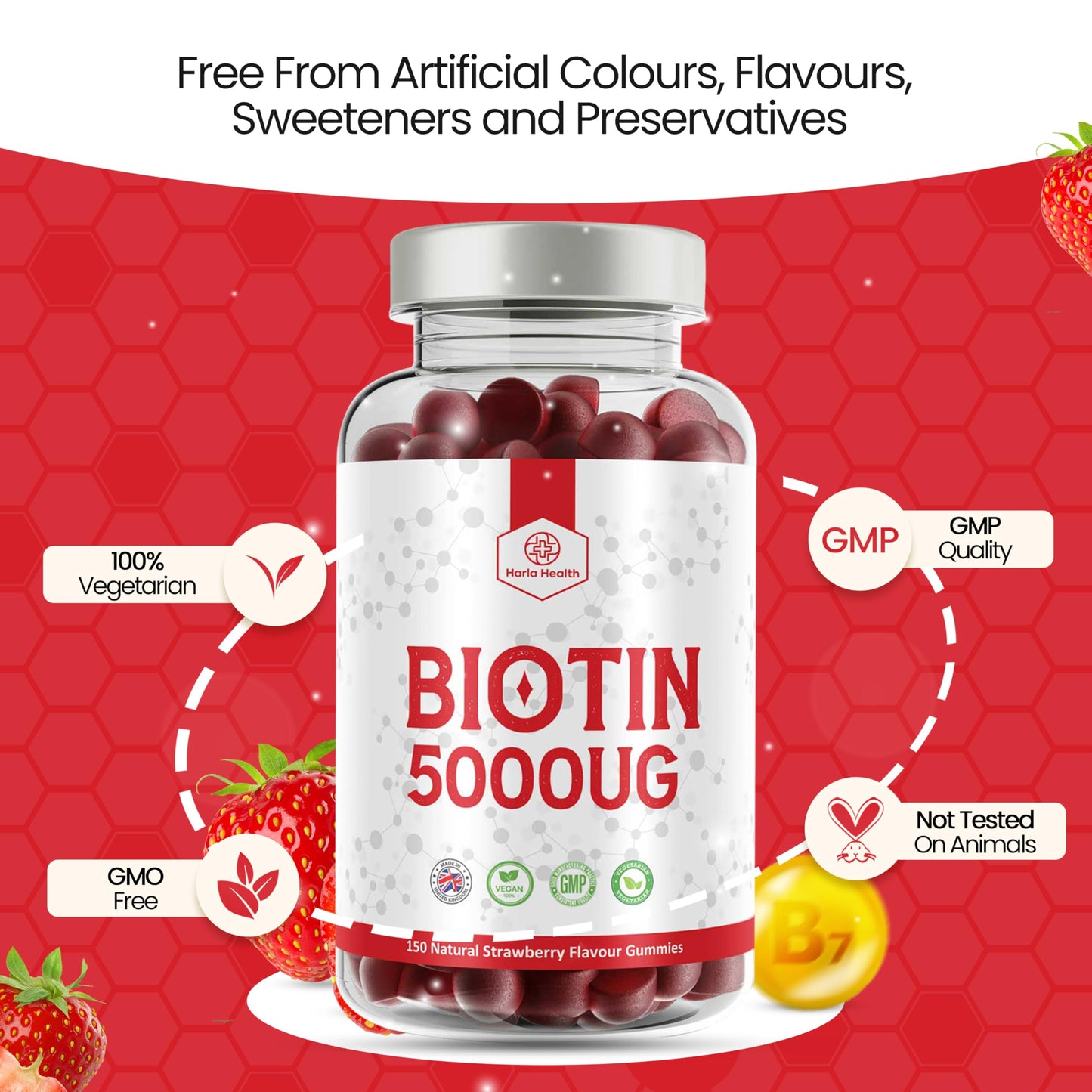 Biotin 5000ug - Hair, Skin & Nail Growth Support -150 Natural Strawberry Flavour Gummies - 5 Months Supply - Suitable for Vegetarians & Vegans - Harla Health - Made in The UK - GMP Codes of Practice