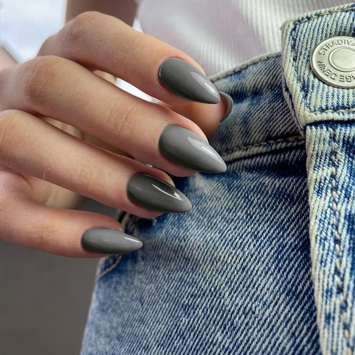 SXVME Dark Grey False Nails Medium, Acrylic Press on Nails Almond Solid Color Full Cover Fake Nails Medium Stiletto Stick on Nails for Women DIY Nail Art 24 Pcs