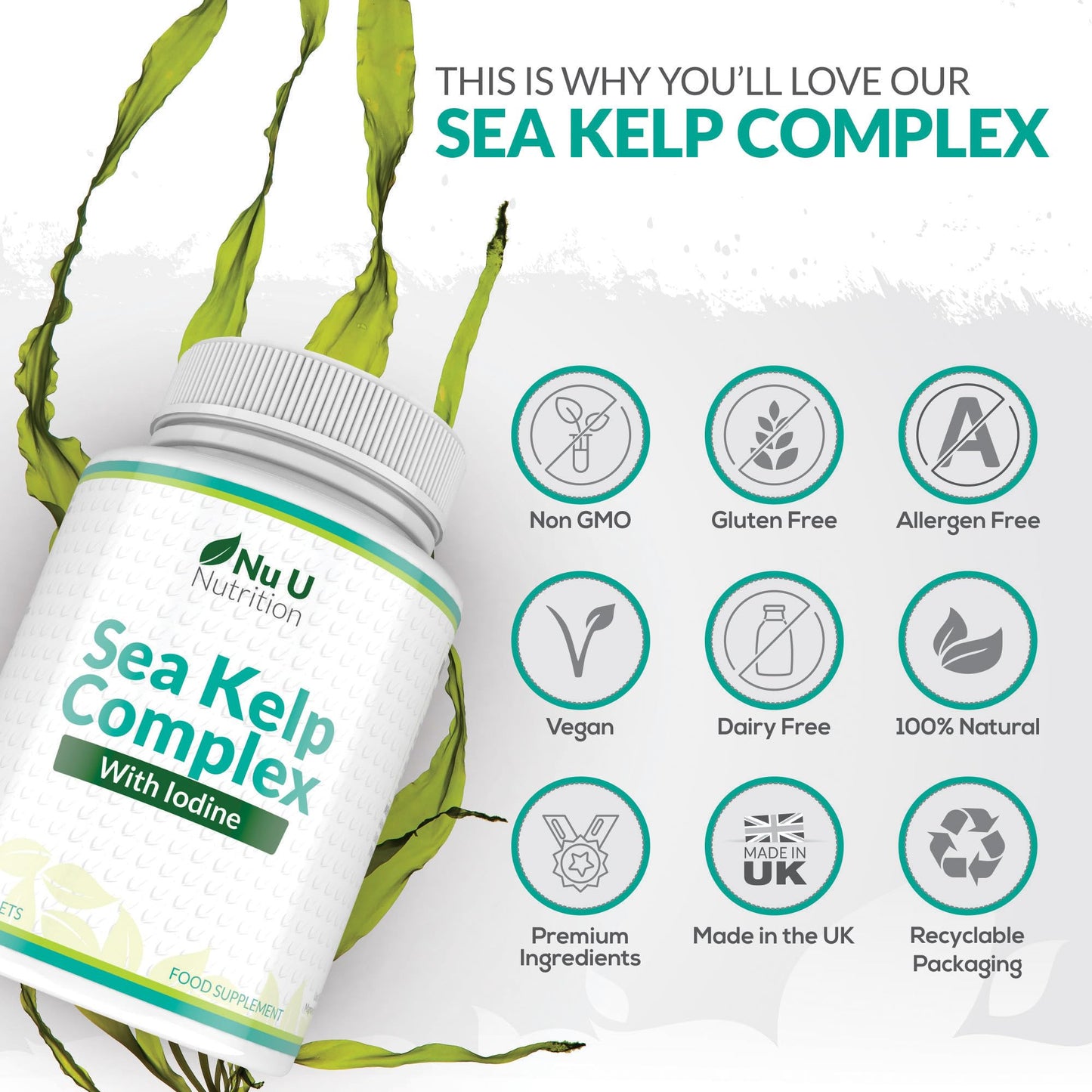 Sea Kelp Iodine Supplement Complex - 365 Vegan Tablets - 435mcg of Iodine per Tablet - 1 Year Supply - Wild Harvested Seaweed - GMO Free - Made in The UK - Nu U Nutrition