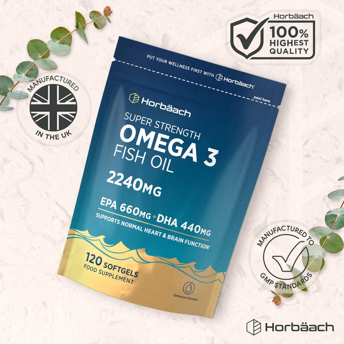 Horbäach Omega 3 Capsules High Strength 2240mg with 660mg of EPA and 440mg of DHA | 120 Softgels | Natural Source of Omega 3 Fish Oil | By Horbaach