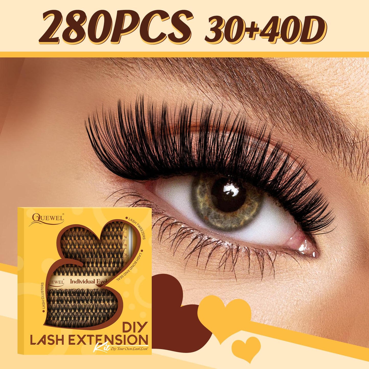 QUEWEL Individual-Eyelashes Kit 280Pcs Cluster Lashes Kit, DIY Lash Extension D Curl Lashes Individual Cluster with Lash Bond and Seal and Lash Tweezers (DJ-30D+40D KIT)