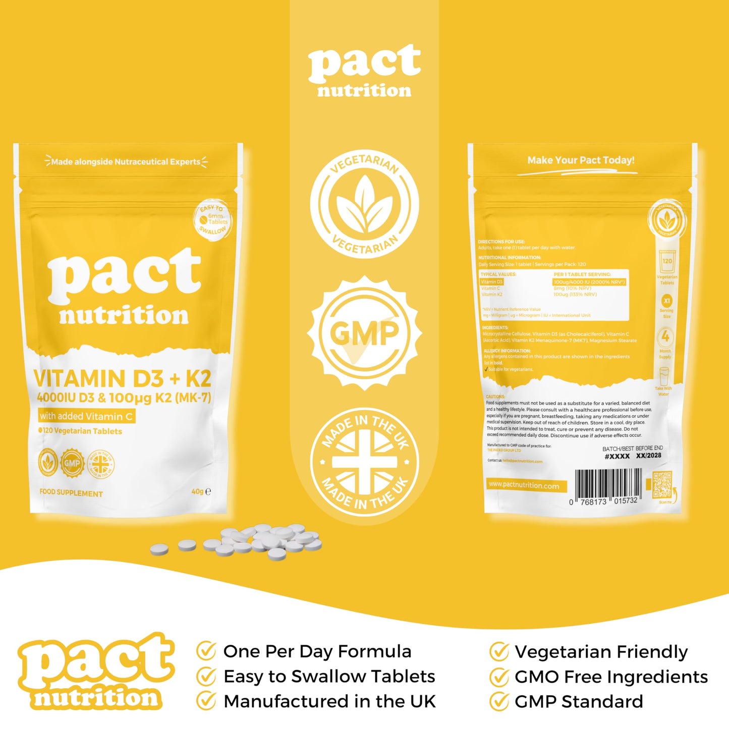 Vitamin D3 4000IU & Vitamin K2 MK7 100μg with Vitamin C - Vitamin D3 K2 High Strength VIT D Supplement - 120 Vegetarian Tablets - Easy to Swallow, High Strength One Per Day Formula - Pact Nutrition