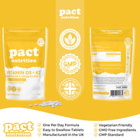 Vitamin D3 4000IU & Vitamin K2 MK7 100μg with Vitamin C - Vitamin D3 K2 High Strength VIT D Supplement - 120 Vegetarian Tablets - Easy to Swallow, High Strength One Per Day Formula - Pact Nutrition