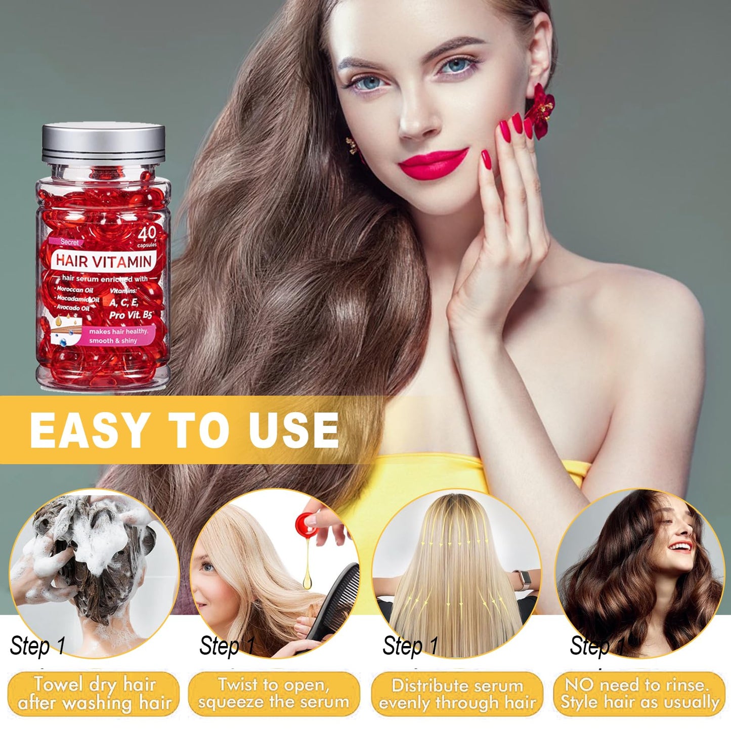 ZhongShuang 40 Pcs Hair Vitamin Serum Capsule Hair Vitamins Hair Serum, Enriched with Moroccan Oil, Macadamia Oil, Avocado Oil Makes Hair Smooth and Shiny