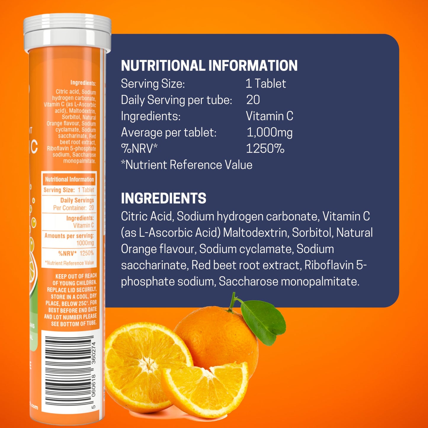 Effervescent Vitamin C Tablets, 20 Orange Flavoured Tablets, High Strength, Immune Support, Essential for Normal Collagen Formation, Vegan, Made by Northumbria Health