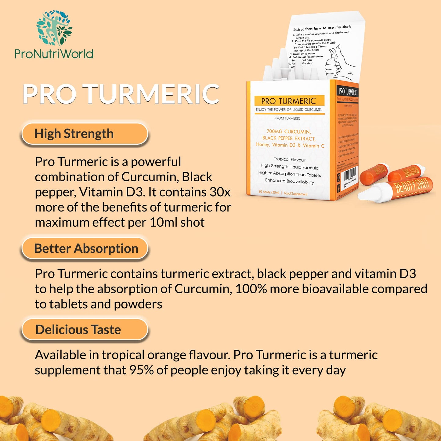ProNutriWorld Vitamin D Turmeric Shots (20x10ml) 700mg Curcumin with Black Pepper, 20ug of Vitamin D3, Daily Defence, 3X Higher Absorption, Natural Ingredients, No Added Sugar