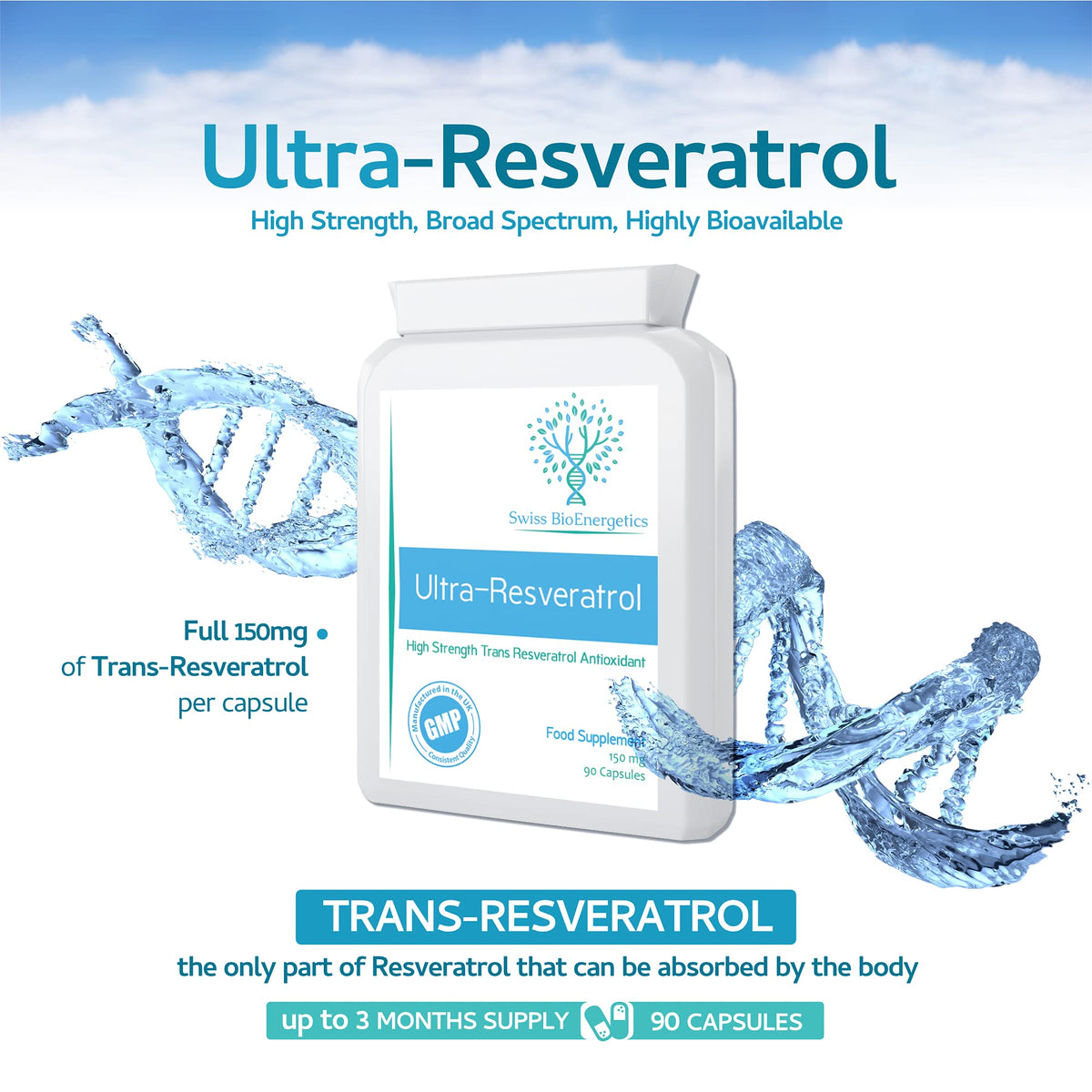 swiss bioenergetics Ultra-Resveratrol 150mg 90 Capsules - High Strength 150mg Trans Resveratrol - High Potency Targeted Release Antioxidant Supplement