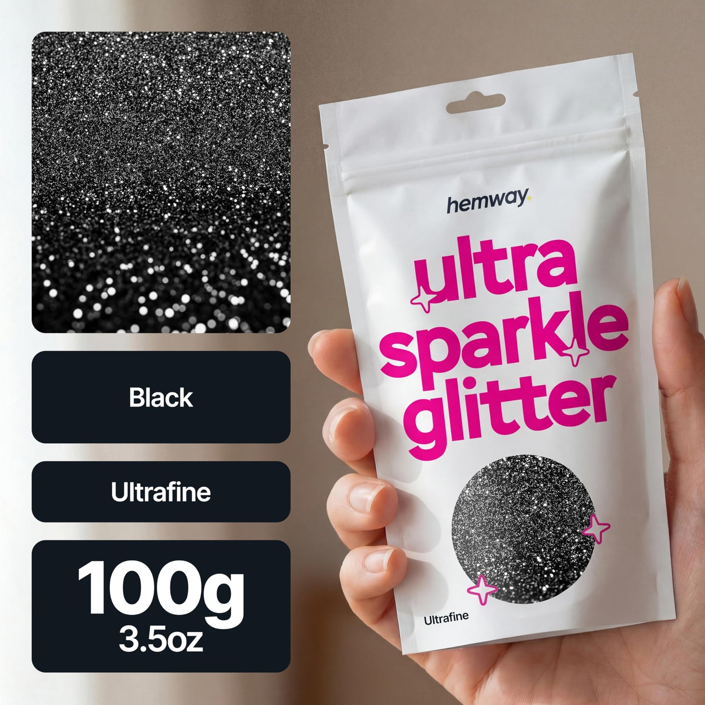 Hemway Ultra Sparkle Glitter Black 100g Ultrafine | Glitter for Arts & Craft, Makeup, Nail Art, Crafting, Card Making, Sparkle Decoration