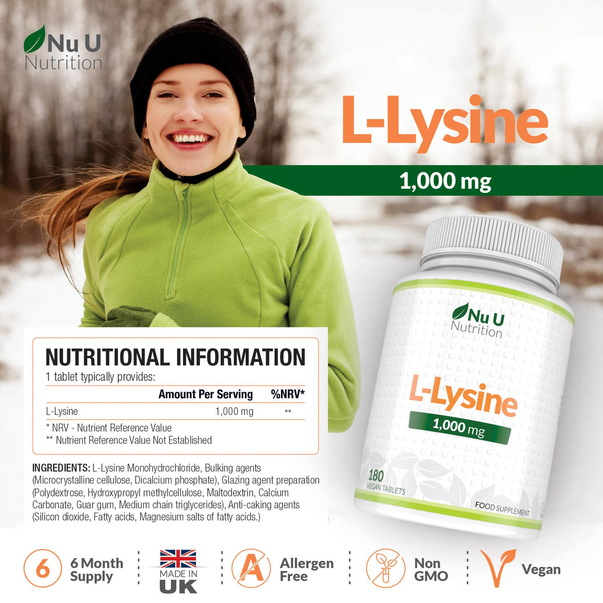 L-Lysine 1000mg High Strength - 180 Vegan Tablets - 6 Month Supply - Essential Amino Acid - Made in The UK - Nu U Nutrition