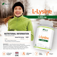 L-Lysine 1000mg High Strength - 180 Vegan Tablets - 6 Month Supply - Essential Amino Acid - Made in The UK - Nu U Nutrition
