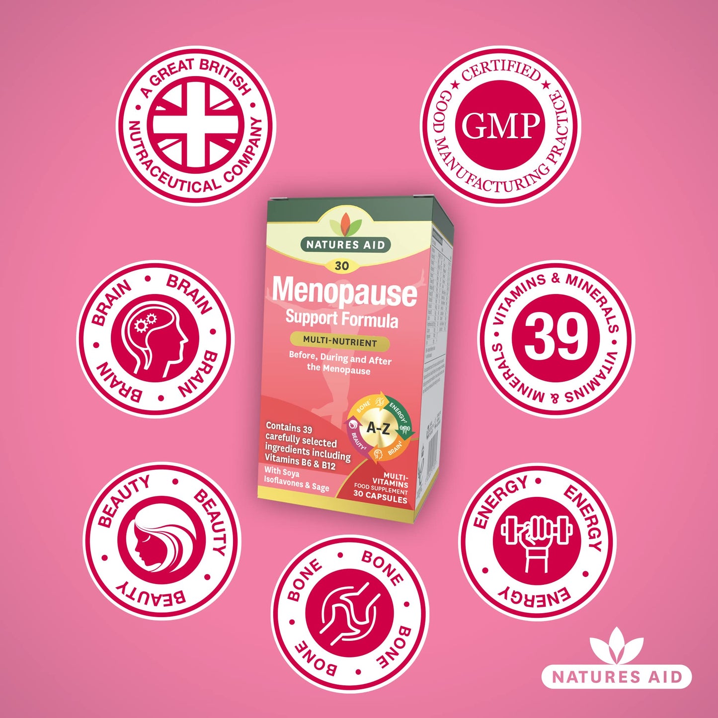 Natures Aid Menopause Support Formula, Multivitamin with SOYA Isoflavones & Sage, 30 Capsules