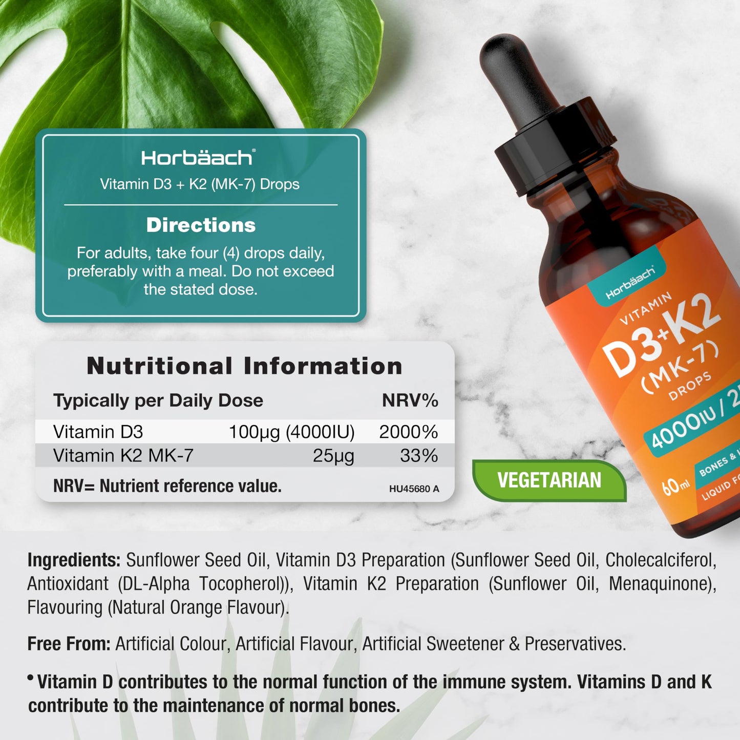 Vitamin D3 K2 Drops | 60mL | High Strength Vitamin D3 4000iu and K2 25ug | No Artificial Preservatives | Suitable for Vegetarians | by Horbaach