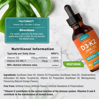 Vitamin D3 K2 Drops | 60mL | High Strength Vitamin D3 4000iu and K2 25ug | No Artificial Preservatives | Suitable for Vegetarians | by Horbaach