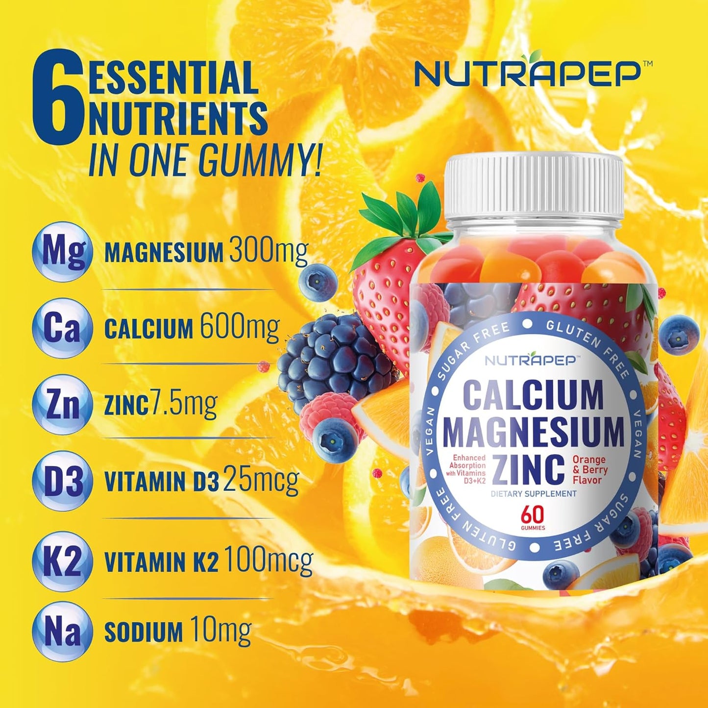 Calcium Magnesium Zinc Supplement Gummies - with Vitamin D3 K2 Magnesium Glycinate - Orange Berry Flavored Vegan Sugar-Free Gluten Free Chewable for Men Women Kids