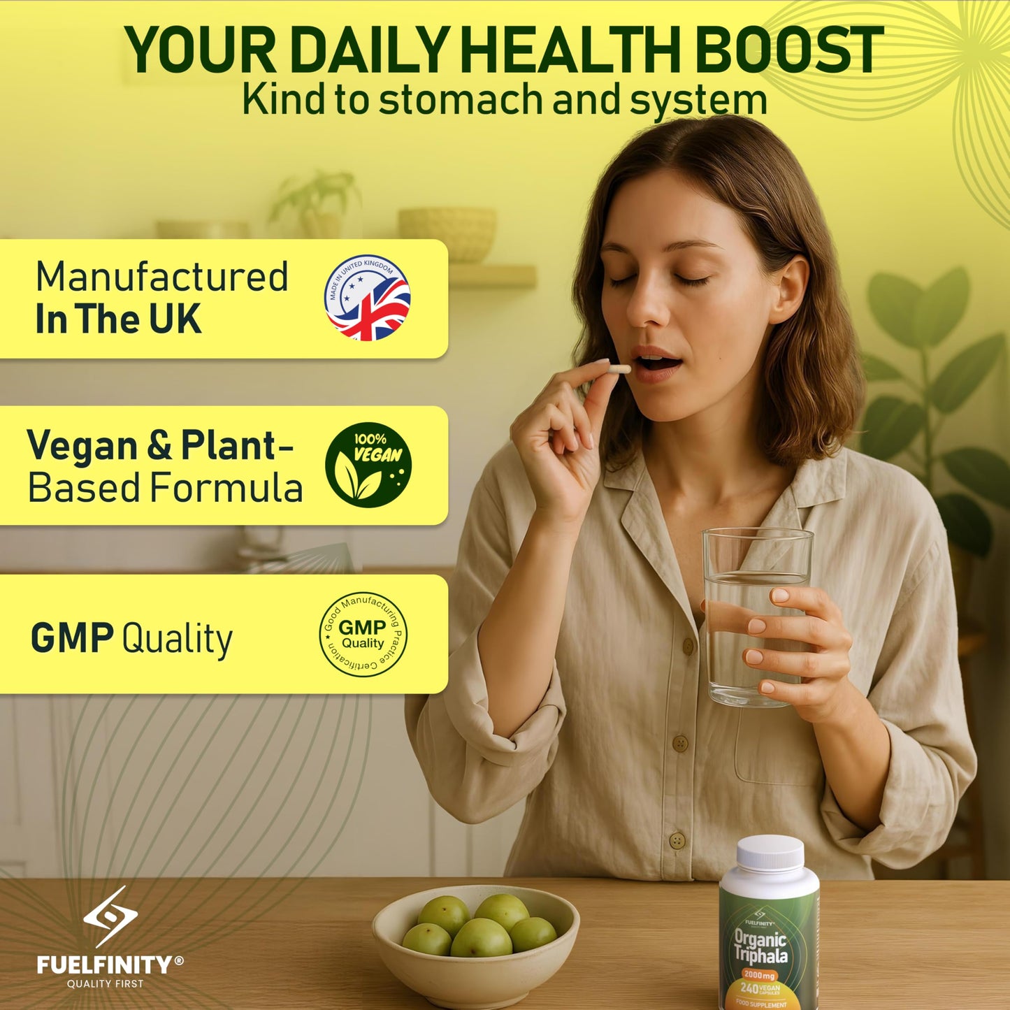 Triphala Powder Organic Capsules - 2000 mg - 240 Capsules - Pure Whole Fruit Triphala Organic Capsule - Natural Constipation Relief & Digestion Support - FuelFinity® - Clean Ayurvedic Detox Vegan