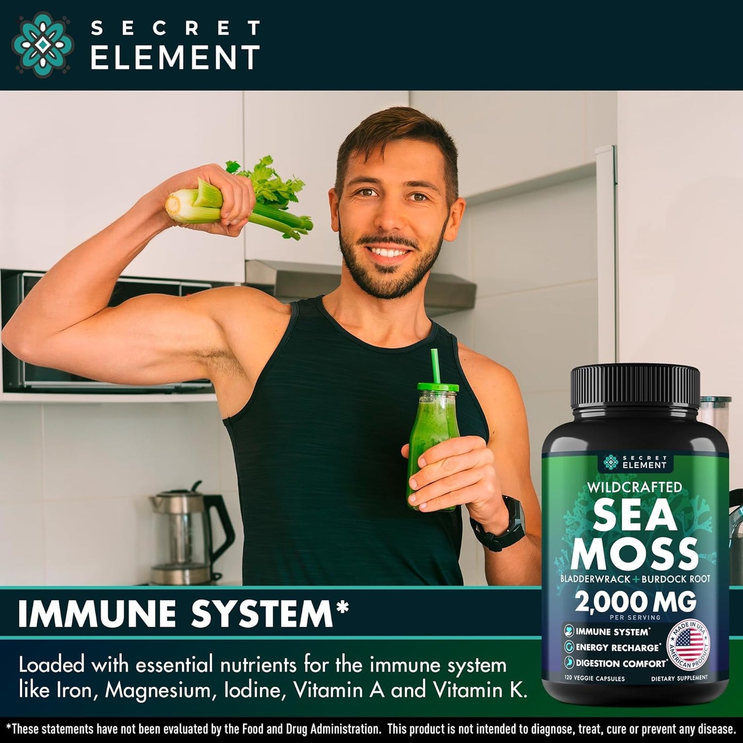 Secret Element Irish Sea Moss Advanced with Burdock Root, Bladderwrack & Muira Puama, 120 Caps