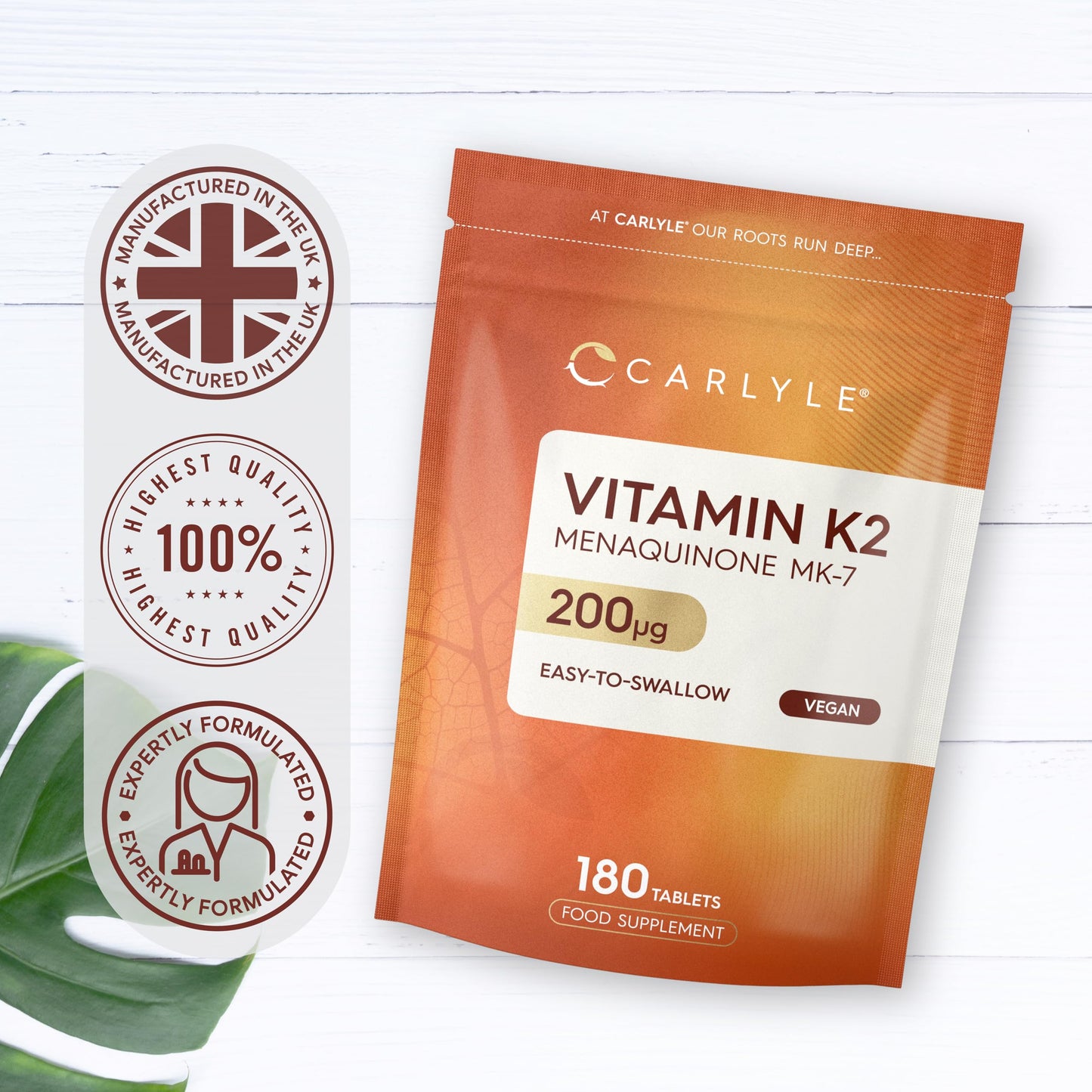 Vitamin K2 MK7 200mcg | High Strength | 180 Vegan Tablets | Menaquinone-MK7 | Suitable for Vegetarians and Vegans | By Carlyle