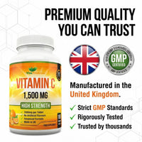 VitaPremium Vitamin C 1500mg per Tablet, High Strength 180 Vegan Tablets, Food Supplement, 6 Month Supply - Made in UK