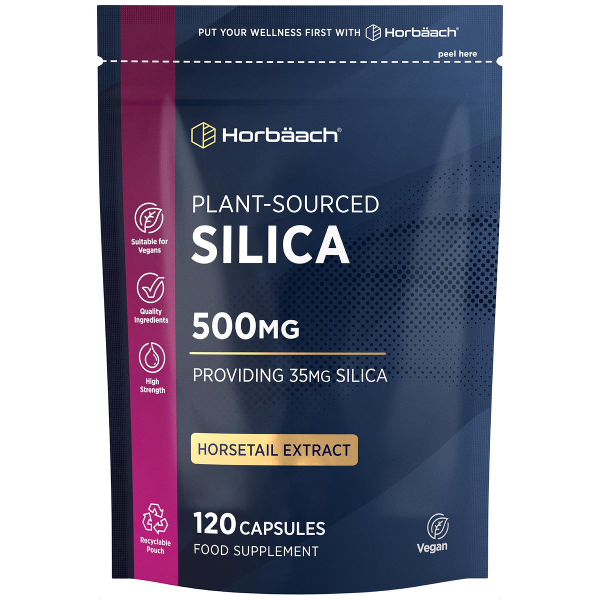 Horbäach Silica Supplement 500mg | High Strength Silica from Horsetail Extract | 120 Powder Capsules | Vegan | 4 Month Supply | by Horbaach