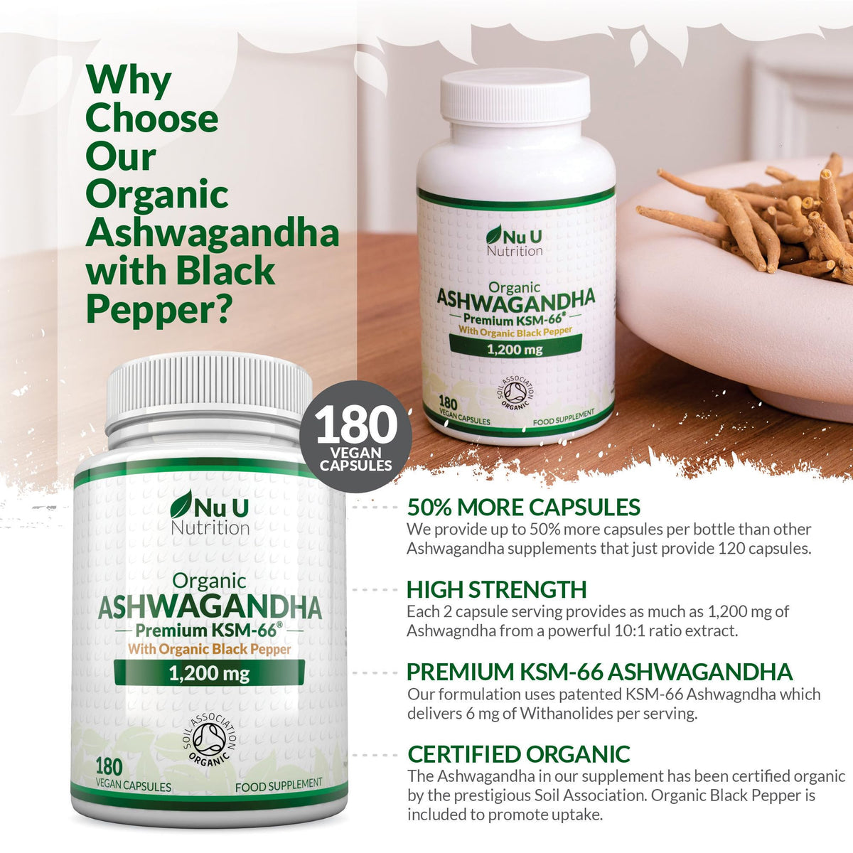 Organic Ashwagandha KSM-66® 1200mg - 5% Withanolides - 180 Vegan Capsules - High Strength Ashwaganda with Black Pepper - Soil Association Certified - Made in the UK - Nu U Nutrition