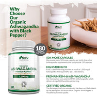 Organic Ashwagandha KSM-66® 1200mg - 5% Withanolides - 180 Vegan Capsules - High Strength Ashwaganda with Black Pepper - Soil Association Certified - Made in the UK - Nu U Nutrition