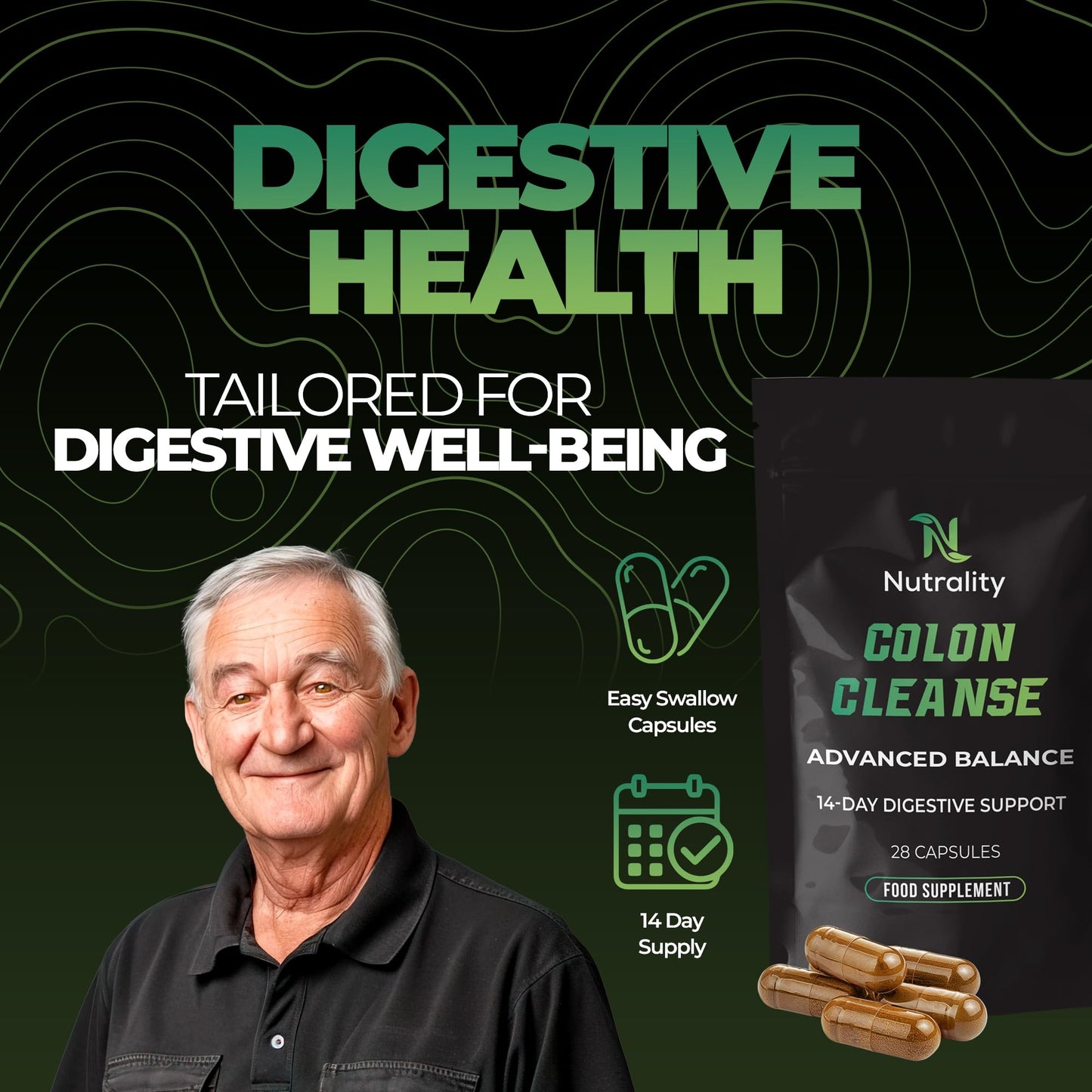 Nutrality 14 Day Colon Cleanse Detox Food Supplement | Gut Cleanse & Bowel Support | Gut Health, Bloating Relief for Men & Women | Constipation Relief for Adults - 28 Capsules